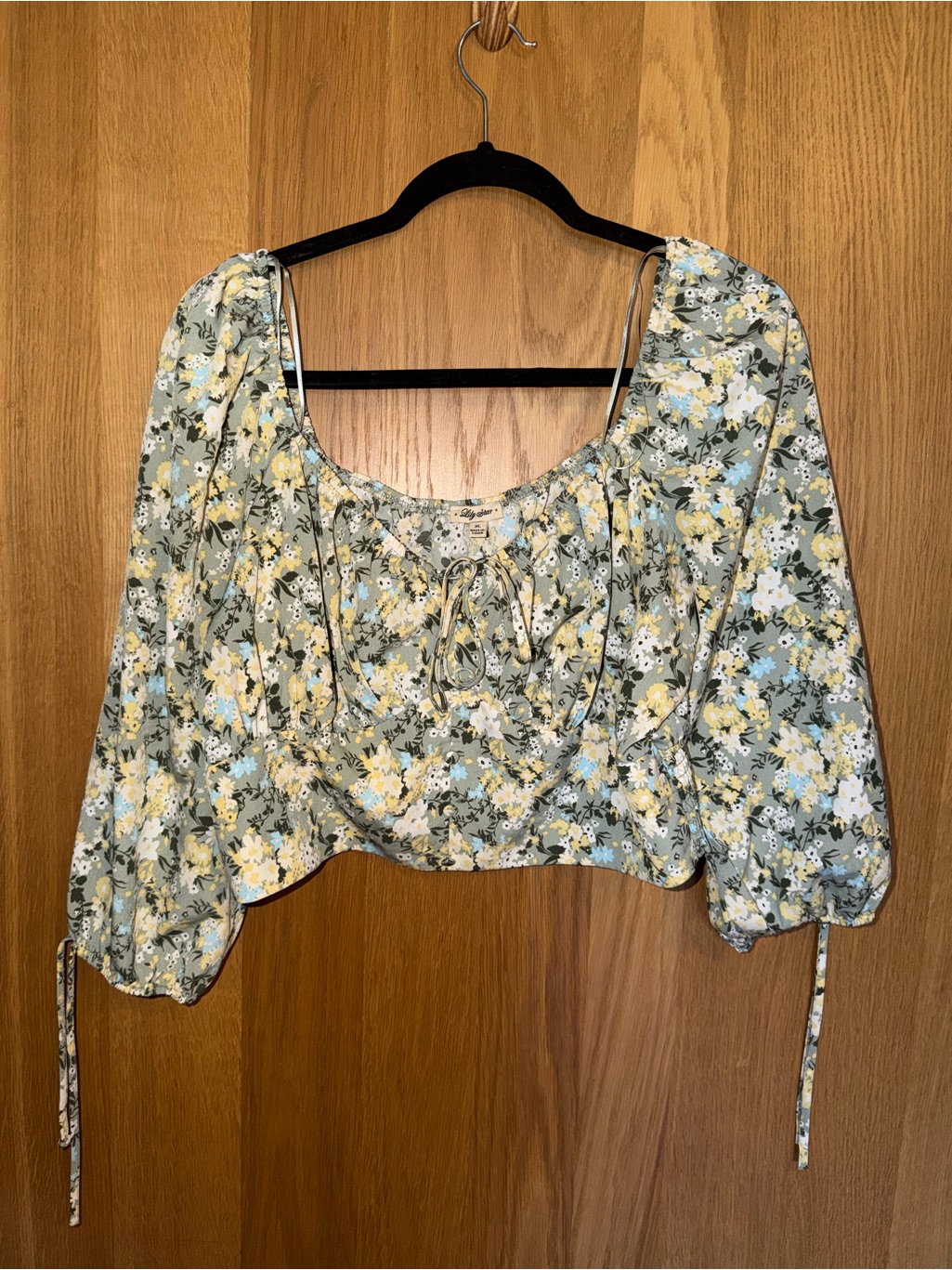Lily Star Floral Puff-Sleeve Crop Top Yellow, Blue, Green